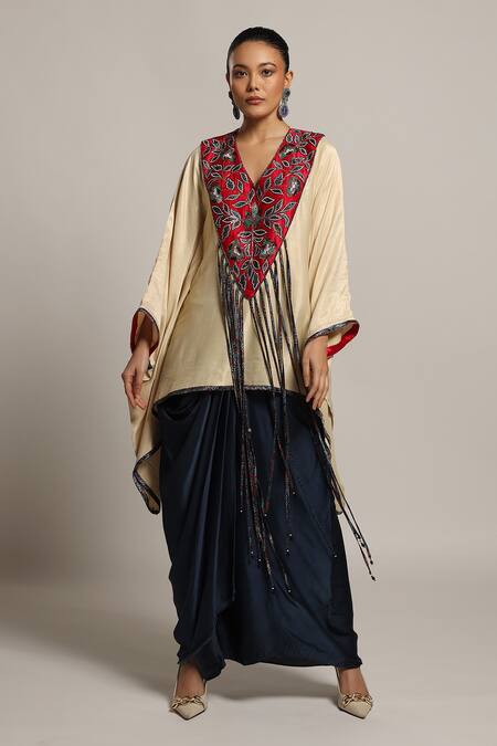 Shop Sejal Kamdar Beige Satin Beads, Cut Work Flower Vine Yoke Embellished Kaftan With Skirt at Aza Fashions Shop_Sejal Kamdar_Beige Satin Beads, Cut Work Flower Vine Yoke Embellished Kaftan With Skirt _at_Aza_Fashions