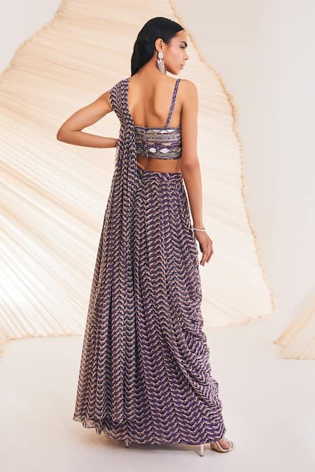 Shop Divya Aggarwal Purple Chiffon Beads, Mirrors Asymmetric Embellished Neck Blouse And Skirt Set at Aza Fashions Shop_Divya Aggarwal_Purple Chiffon Beads, Mirrors Asymmetric Embellished Neck Blouse And Skirt Set _at_Aza_Fashions