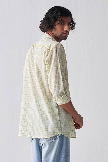 Shop_THREE_Green Cotton, Muslin Checkered Mulmul Shirt _at_Aza_Fashions