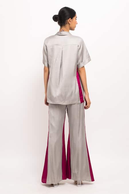 Shop_Neora By Nehal Chopra_Grey Bamboo Crystals Halter Neck, Collared Spread Shirt Pant Set _at_Aza_Fashions