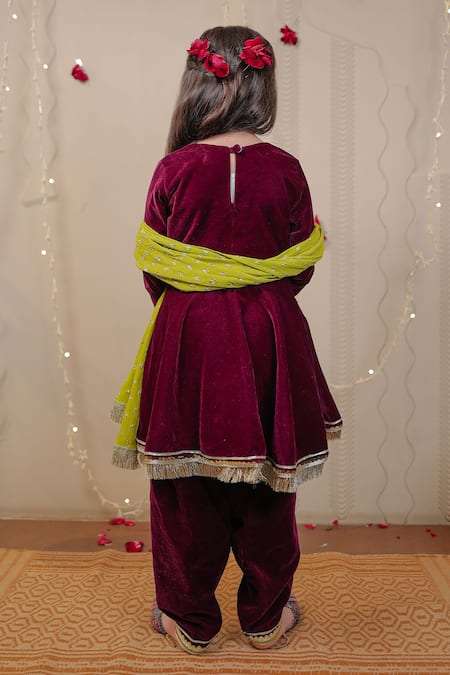 Shop Tiny Colour Wine Velvet, Georgette Sequins Flared Kurta Set at Aza Fashions Shop_Tiny Colour_Wine Velvet, Georgette Sequins Flared Kurta Set _at_Aza_Fashions