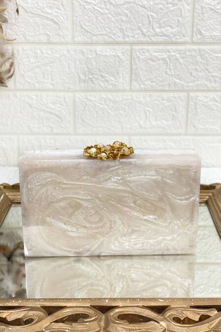 Shop Kainiche By Mehak White Embellished Rectangle Shaped Clutch at Aza Fashions Shop_Kainiche By Mehak_White Embellished Rectangle Shaped Clutch_at_Aza_Fashions