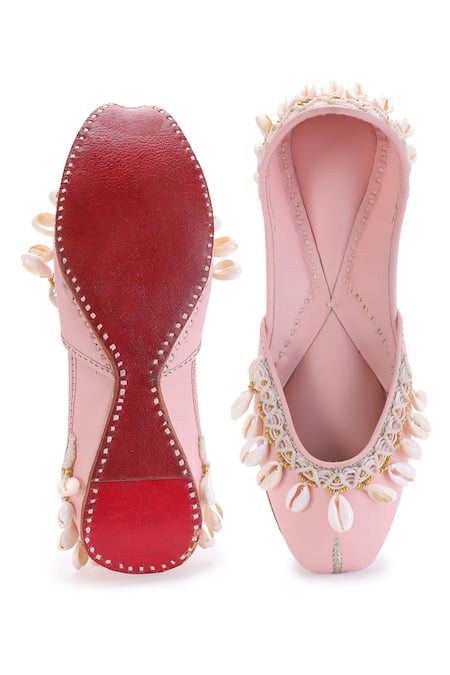 Shop 5elements Pink Sea Shell Tassel Embellished Juttis at Aza Fashions Shop_5elements_Pink Sea Shell Tassel Embellished Juttis _at_Aza_Fashions