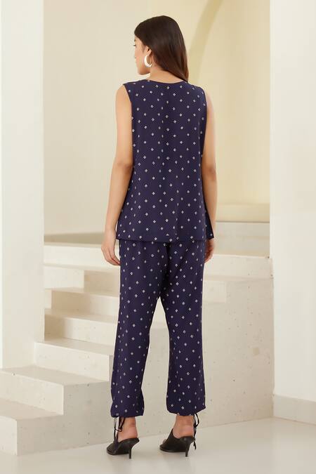 Buy_Cotton And Clay_Blue Modal, Chanderi Embroidery Round Neck, Shawl Printed Kimono Trouser Set _Online_at_Aza_Fashions