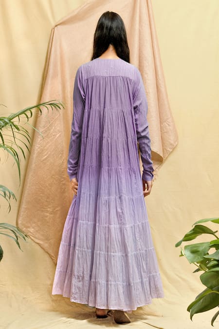 Shop Chambray & CO. Purple Cotton Embroidery Round Neck Ombre Maxi Dress at Aza Fashions Shop_Chambray & CO._Purple Cotton Embroidery Round Neck Ombre Maxi Dress _at_Aza_Fashions