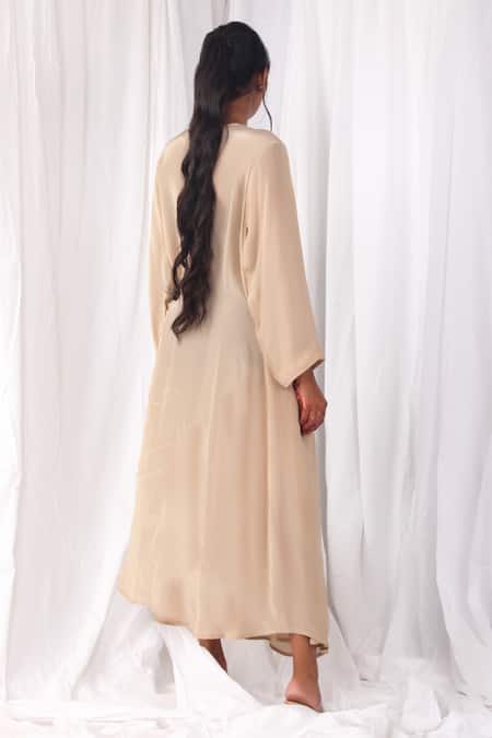 Shop Khat Brown Crepe V-neck Overlapped Yoke Dress at Aza Fashions Shop_Khat_Brown Crepe V-neck Overlapped Yoke Dress _at_Aza_Fashions