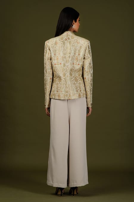 Buy Beige Brocade Crop Top And Pant With Jacket In Banarasi Silk KALKI  Fashion India
