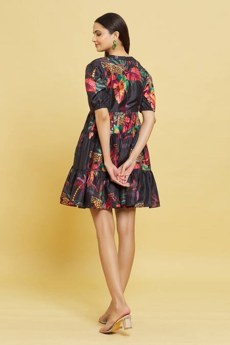 Shop Sanjana Reddy Designs Multi Color Cotton Round Neck Forest Print Tiered Dress at Aza Fashions Shop_Sanjana Reddy Designs_Multi Color Cotton Round Neck Forest Print Tiered Dress_at_Aza_Fashions