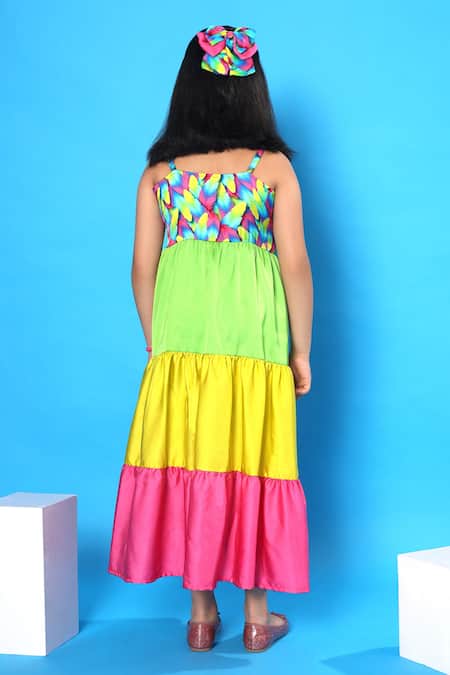 Shop_Littlecheer_Multi Color Viscose, Satin, Poplin Feathers Print Tiered Dress _at_Aza_Fashions