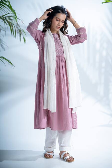Shop Pants And Pajamas Purple Cotton Lace, Embroidery Round Neck Chikankari Yoke Anarkali at Aza Fashions Shop_Pants And Pajamas_Purple Cotton Lace, Embroidery Round Neck Chikankari Yoke Anarkali_at_Aza_Fashions