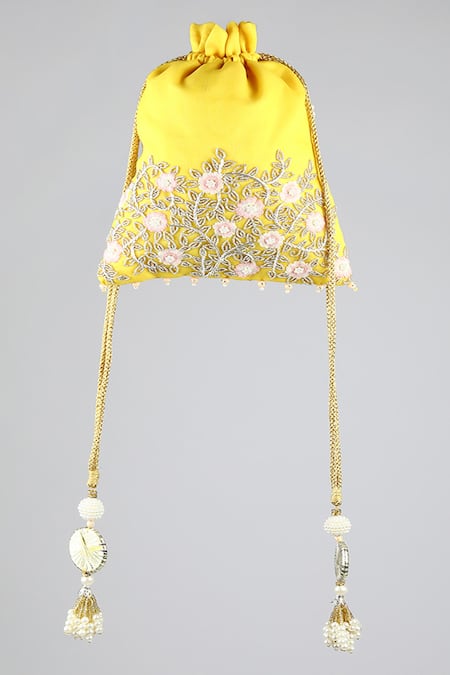 Shop ClutcH'D Yellow Embroidery, Pearls, Sequins Floral Potli Bag at Aza Fashions Shop_ClutcH'D_Yellow Embroidery, Pearls, Sequins Floral Potli Bag _at_Aza_Fashions