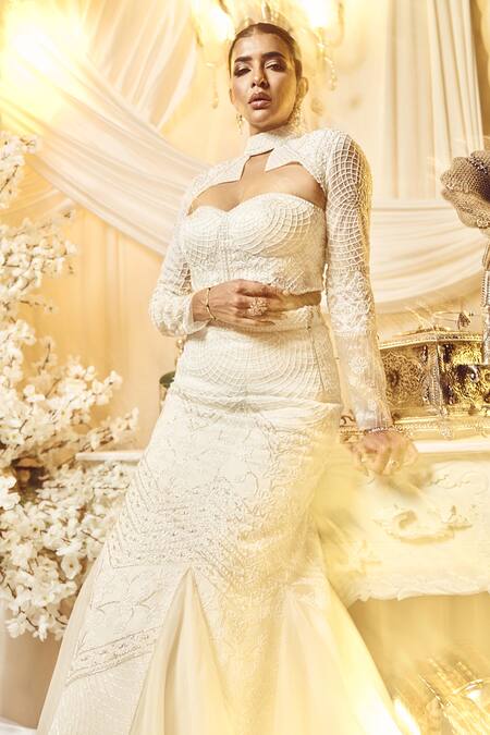 Shop Varun Chakkilam White Silk Organza Sequins, Beads Round Glass Embroidered Jacket And Skirt Set at Aza Fashions Shop_Varun Chakkilam_White Silk Organza Sequins, Beads Round Glass Embroidered Jacket And Skirt Set _at_Aza_Fashions