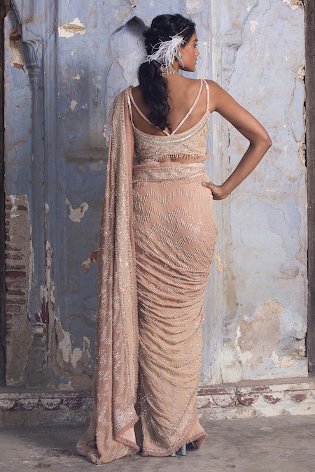 Nitika Gujral_Beige Georgette, , Silk Sequins, And Work Saree With Blouse _Online_at_Aza_Fashions