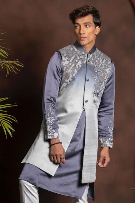 Shop More Mischief Gray Silk, Linen Embroidery Ombre Floral Bundi Set at Aza Fashions Shop_More Mischief_Gray Silk, Linen Embroidery Ombre Floral Bundi Set_at_Aza_Fashions