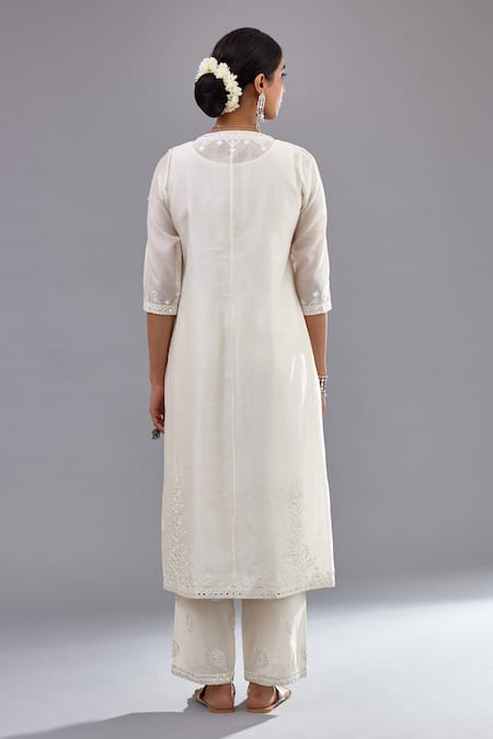 Shop Kora Off White Silk, Cotton, Chanderi Embroidery, Thread Straight Kurta Pant Set at Aza Fashions Shop_Kora_Off White Silk, Cotton, Chanderi Embroidery, Thread Straight Kurta Pant Set _at_Aza_Fashions