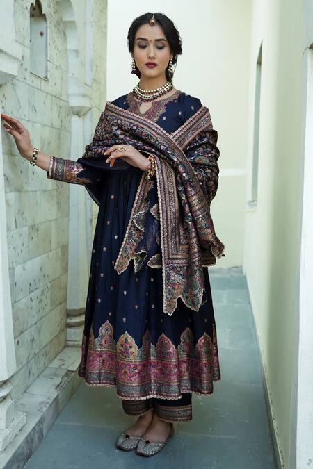 Shop_Safaa_Blue Vegan Silk Lining Shantoon Woven Floral Motifs The Shaima Anarkali Set _at_Aza_Fashions