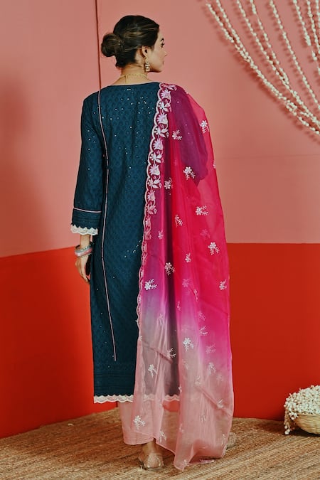 Shop Myaara Blue Cotton, Organza Embroidery, Sequins Split V-neck Floral Kurta Set at Aza Fashions Shop_Myaara_Blue Cotton, Organza Embroidery, Sequins Split V-neck Floral Kurta Set _at_Aza_Fashions