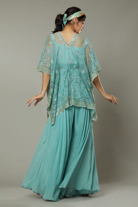 Shop I Am Design Blue Chiffon, Silk Organza Peppermint Candy Palazzo And Embroidered Kaftan Set at Aza Fashions Shop_I Am Design_Blue Chiffon, Silk Organza Peppermint Candy Palazzo And Embroidered Kaftan Set _at_Aza_Fashions