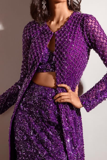Shop Nadine Dhody Purple Tulle Pearls, Beads, Sequins, Cerai Embroidered Jacket Lehenga Set at Aza Fashions Shop_Nadine Dhody_Purple Tulle Pearls, Beads, Sequins, Cerai Embroidered Jacket Lehenga Set _at_Aza_Fashions