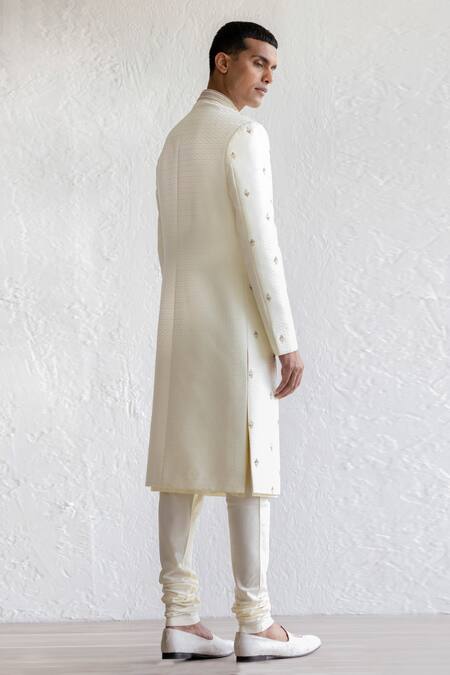 Shop_Qbik_Ivory Sherwani Jaquard Scattered Embroidery Motif Tadeen Set_at_Aza_Fashions