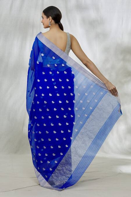 Shop Mint N Oranges Blue Chanderi Silk Embroidery Lotus Pattern Saree With Unstitched Blouse Fabric at Aza Fashions Shop_Mint N Oranges_Blue Chanderi Silk Embroidery Lotus Pattern Saree With Unstitched Blouse Fabric_at_Aza_Fashions