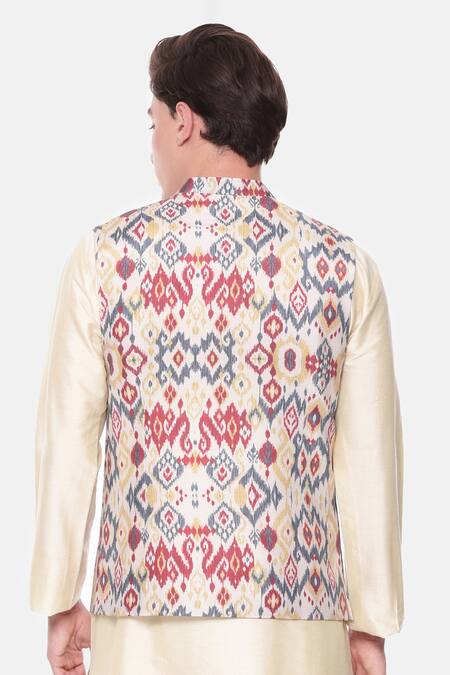 Mayank Modi - Men Beige & Red Ikat Print Bundi 