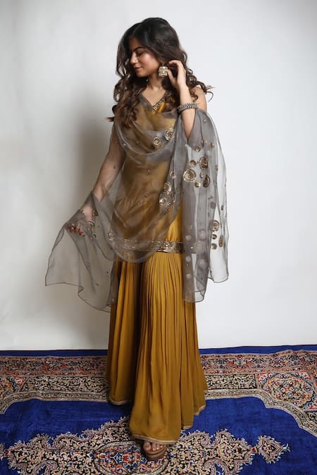 Shop Mona And Vishu Gold Dupatta Organza, Kurta Dupion Silk, Sharara Georgette Sequins, And Set at Aza Fashions Shop_Mona And Vishu_Gold Dupatta Organza, Kurta Dupion Silk, Sharara Georgette Sequins, And Set _at_Aza_Fashions