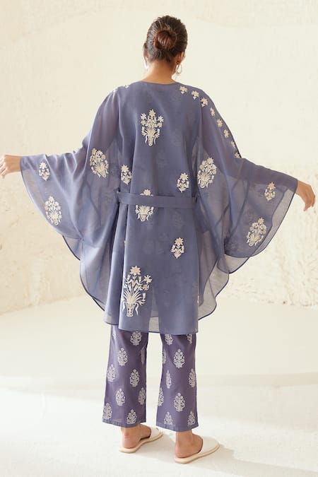 Shop Cotton And Clay Blue Chanderi, Modal Embroidery Bouquet Hand Block Print Kimono Top Trouser Set at Aza Fashions Shop_Cotton And Clay_Blue Chanderi, Modal Embroidery Bouquet Hand Block Print Kimono Top Trouser Set _at_Aza_Fashions