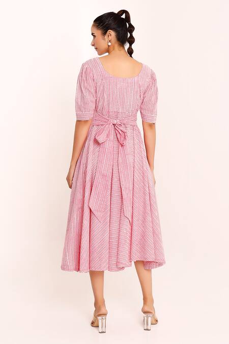 Shop Pheeta Pink Cotton V-neck Striped Print Dress at Aza Fashions Shop_Pheeta_Pink Cotton V-neck Striped Print Dress_at_Aza_Fashions
