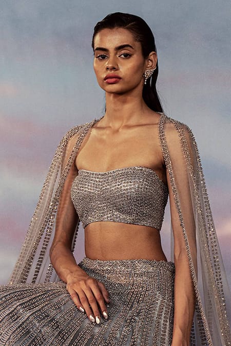 Shop Rohit Gandhi + Rahul Khanna Grey Tulle Crystals Sweetheart Neck Azurite Embroidered Lehenga Set at Aza Fashions Shop_Rohit Gandhi + Rahul Khanna_Grey Tulle Crystals Sweetheart Neck Azurite Embroidered Lehenga Set _at_Aza_Fashions
