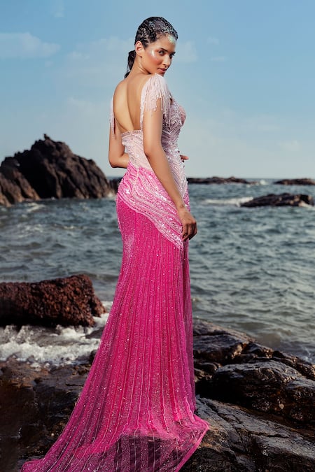 Bhawna Rao Pink Italian Tulle Embroidery Sequin And Cutdana Ombre Front Slit Gown   2