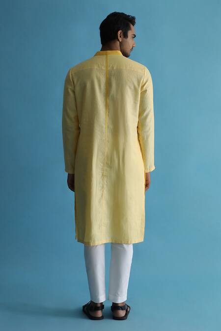 Shop_Kaha_Yellow Linen Solid Ombre-dyed Kurta_at_Aza_Fashions