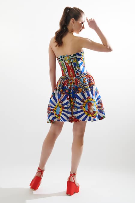 Cin Cin Printed Motif Balloon Corset Short Dress 