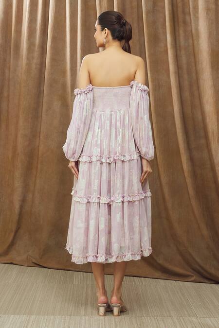 Shop Bump Loving Purple Viscose, Georgette, Polyester, Satin Pixie Draped Bodice Maternity Dress at Aza Fashions Shop_Bump Loving_Purple Viscose, Georgette, Polyester, Satin Pixie Draped Bodice Maternity Dress_at_Aza_Fashions