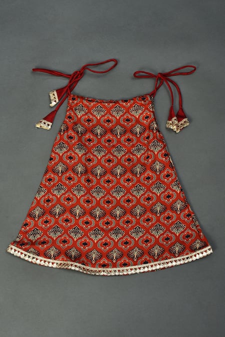 Shop_Maaikid_Red Modal, Silk, Cotton Lace Ajrakh Print Kurta And Afghani Pant Set _at_Aza_Fashions