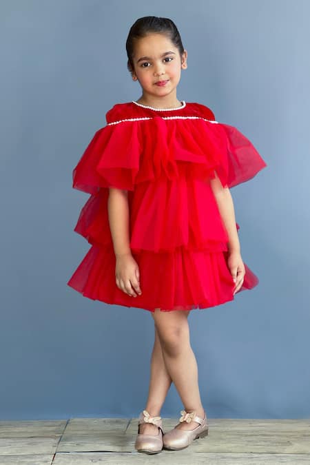 Shop Pinkcow designs pvt ltd Red Velvet, Net, Crepe Pearls Frill Layered Dress at Aza Fashions Shop_Pinkcow designs pvt ltd_Red Velvet, Net, Crepe Pearls Frill Layered Dress _at_Aza_Fashions
