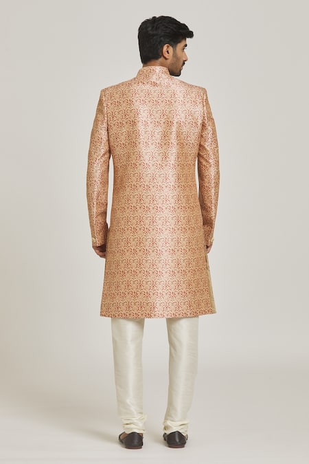 Shop_Samyukta Singhania_Peach Silk, Chiffon Floral Print Sherwani Set _at_Aza_Fashions