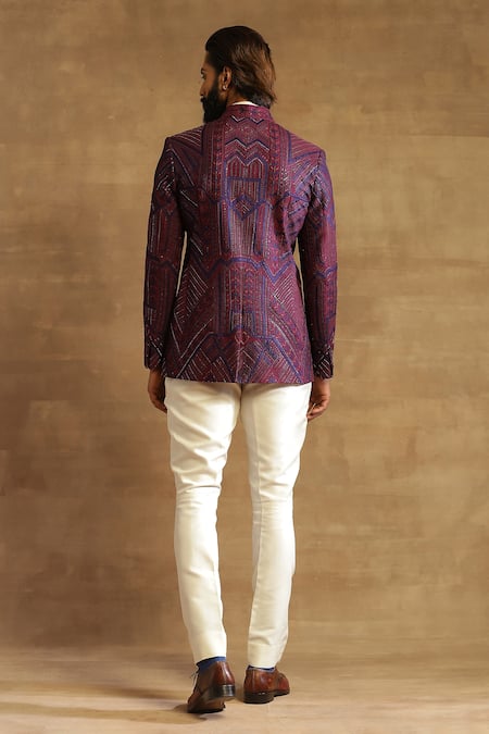 Shop Raghavendra Rathore Jodhpur Purple Raw Silk Geometric Pattern Bandhgala Jacket at Aza Fashions Shop_Raghavendra Rathore Jodhpur_Purple Raw Silk Geometric Pattern Bandhgala Jacket _at_Aza_Fashions