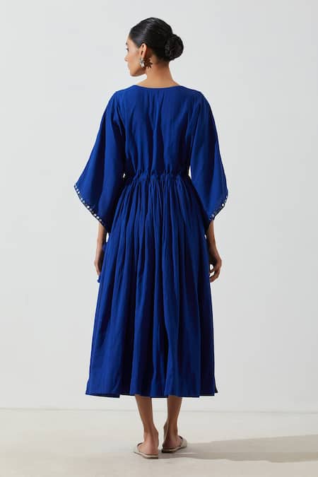 Shop Label Earthen Blue Cotton Mul Mirror Work, Resham V Neck Embroidered Yoke Dress at Aza Fashions Shop_Label Earthen_Blue Cotton Mul Mirror Work, Resham V Neck Embroidered Yoke Dress _at_Aza_Fashions