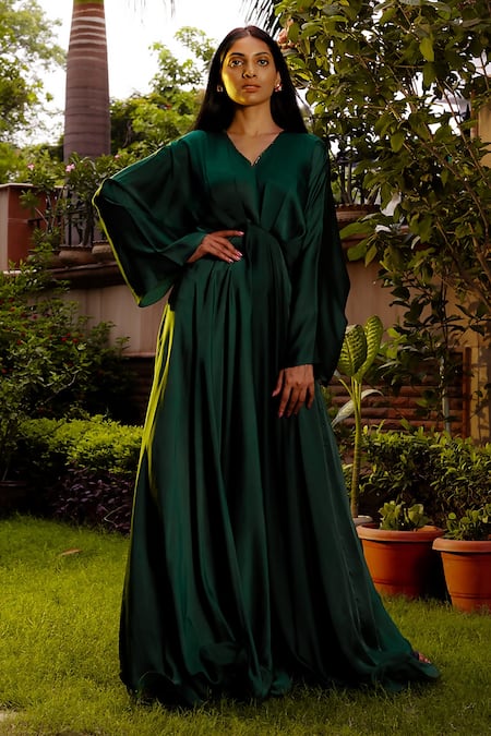 Shop_OMANA BY RANJANA BOTHRA_Green Satin Sequin V Neck Emerald Flared Gown _at_Aza_Fashions
