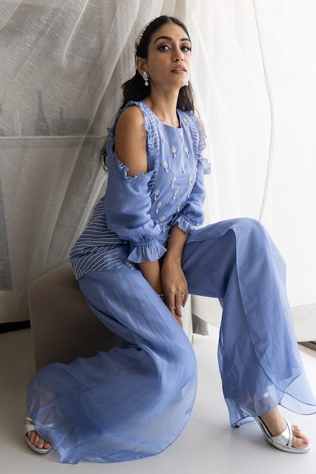 Sunita Bhandari_Blue Viscose, Organza Pearls Round Neck Work Tunic And Pant Set _Online_at_Aza_Fashions