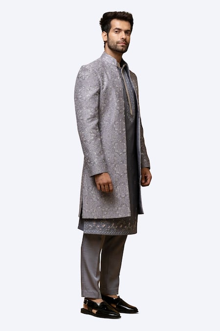 Asuka Grey Embroidered Chanderi Silk Sherwani Set 