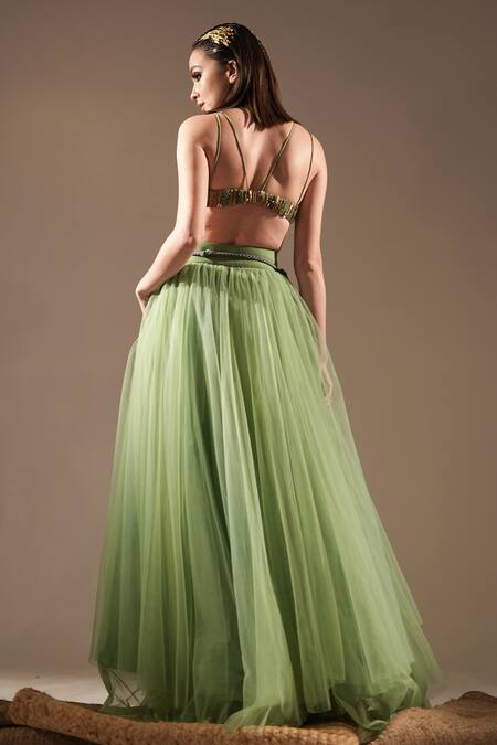 Shop_Nikita Mhaisalkar_Green Sequins, Metallic Thread Sweetheart Neck And Work Bralette _at_Aza_Fashions