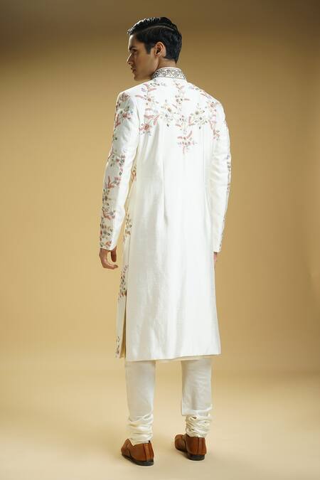 Shop Kommal Sood Off White Cotton, Silk Embroidery All Over Flower Sherwani Set at Aza Fashions Shop_Kommal Sood_Off White Cotton, Silk Embroidery All Over Flower Sherwani Set _at_Aza_Fashions