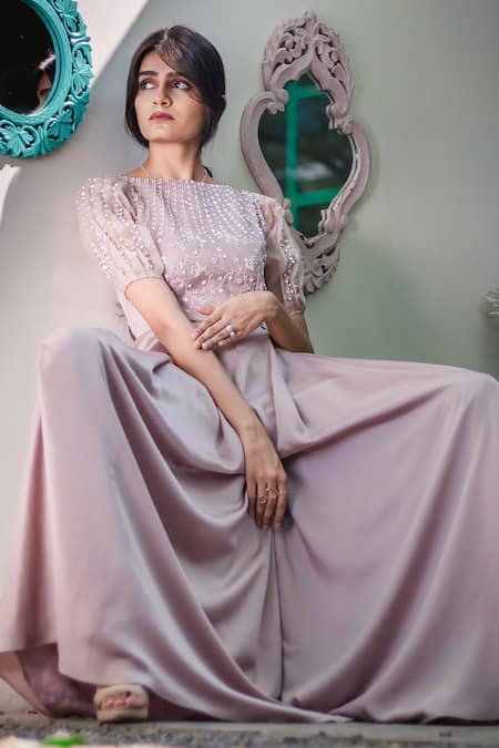 Shop PIRI INDIA Purple Organza Embroidery Boat Neck Bodice Jumpsuit at Aza Fashions Shop_PIRI INDIA_Purple Organza Embroidery Boat Neck Bodice Jumpsuit _at_Aza_Fashions