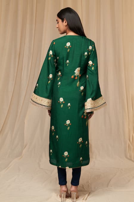 Buy Green Silk Embroidery V-neck Buttercup Flower Print