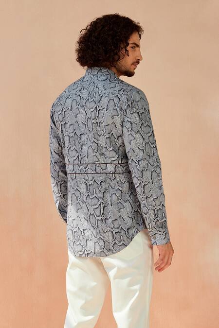 Shop_Seven_Grey Cotton Satin Python Print Shirt_at_Aza_Fashions