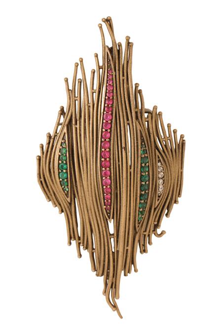 Shop Cosa Nostraa Gold Stones Triveni Sangam Brooch at Aza Fashions Shop_Cosa Nostraa_Gold Stones Triveni Sangam Brooch _at_Aza_Fashions
