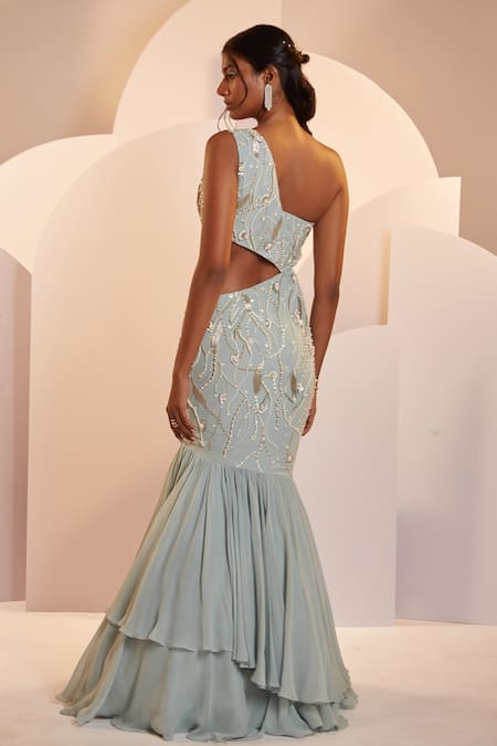Shloka Khialani_Green Georgette Embellished Pearl Asymmetric Hailey One Shoulder Gown  _Online_at_Aza_Fashions