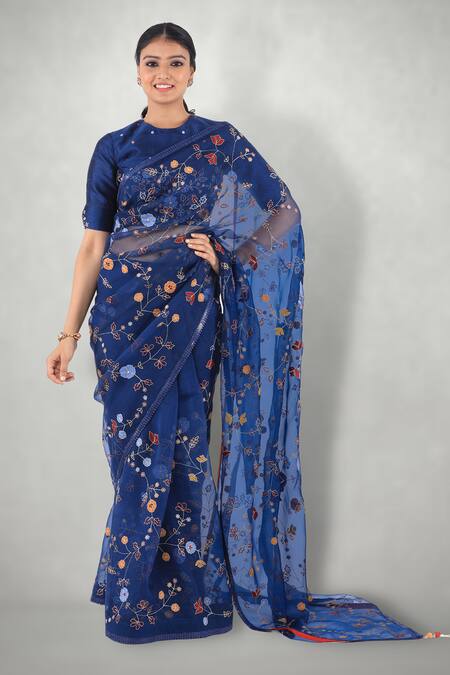I Am Design Blue Raw , Organza Aari Crew Neck Embroidered Saree With Blouse Online at Aza Fashions I Am Design_Blue Raw , Organza Aari Crew Neck Embroidered Saree With Blouse _Online_at_Aza_Fashions
